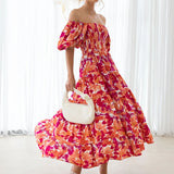 Daiiibabyyy  Casual Women Sweet Spring Puff Short Sleeve Party Dress 2025 Female Big Hem Dress Elegant One Shoulder Floral Print Long Dress