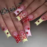 Daiiibabyyy  24pcs Long Coffin Sweet Girl Fake Nail Strawberry Wave Point Flower Printed Press On Nail Dopamine Plaid French Style False Nail