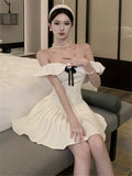 DAIIIBABYYY  -  French Court Style Apricot Flower Mini Dress Fashion Slash Neck Ballet Strapless Pleated A Line Dress Off Shoulder Party Dress