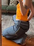 Daiiibabyyy  Blue Lace Patchwork Jeans Women Y2k Vintage Low Waist American Style Straight Denim Trousers Slim Grunge Streetwear