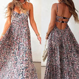 Daiiibabyyy  Women Elegant Floral Print Sling Dress Sexy Off Shoulder Backless Long Pleated Party Dress Fashion Hight Waist Swing Bohe Dress