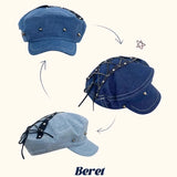 DAIIIBABYYY  -  Spring and Summer New Sweet Cool Babes Denim Flat Top Painter Hats for Women Retro Punk Style Niche Rivet Design Berets Cap Y2k