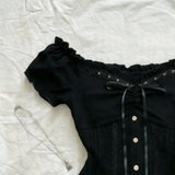 Daiiibabyyy  Vintage Black Lace Lace and Bubble Short Sleeved T-shirt Vintage Feel Summer Slim Fit Slimming Short Top