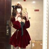 Daiiibabyyy  Red Square Collar Women's Dress Slimming Puffy Short Skirt A-Line Waist-Cinching New Fashion Street Style Long Sleeve