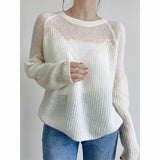 Daiiibabyyy   -  Sexy Transparent Hollow Out Women Sweaters Round Collar Long Sleeve Loose Thin Knitted Pullovers Candy Color Tops