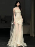 Daiiibabyyy  Luxury Mermaid Evening Dresses Women Sexy Sparkle Mesh Stitching Sequins Strapless Party Dress Lady Special Occasion Prom Gowns