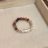 DAIIIBABYYY  -  Retro Beaded Pearl Ring for Women Fade-Resistant Unique Design Finger Ring Colorful Beaded Geometric Shape Temperament Jewelry