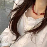 Daiiibabyyy  Handmade Red Color Agate Natural Stone Twist Rope Chain Double Layers Beaded Necklace for Women Silver Toggle Clasp Choker