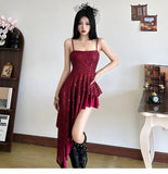 DAIIIBABYYY  -  Sweet Spicy Girl Red Sequins Sling Dress Female Slim High Waist Irregular Sparkling Strap Short Dresses Summer New Style