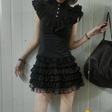 Daiiibabyyy  Goth 2Piece Set Y2k Slim Lace Sweet Womens Dresses Short Sleeve Button Party Dress Harajuku 90s Emo Grunge Summer Lolita Suit
