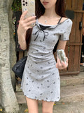 Daiiibabyyy  Korean Floral Sweet Dress Women Lace Patchwork Slim Mini Dress Casual Fashion Preppy Style Short Sleeve Female Cute Dress