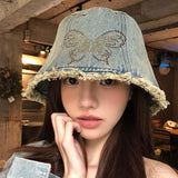 DAIIIBABYYY  -  High Quality Bow Hot Diamond Design Denim Bucket Hat Women Spring and Summer Personality Trend Rough Edge Design Basin Cap