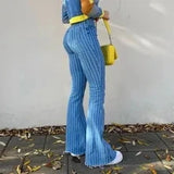 Daiiibabyyy Stretch Women Flare Jeans Lady Vintage Blue Striped Plaid Hips Wrap High Waist Trousers Lady Streetwear Y2K Punk Denim Pants