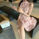 DAIIIBABYYY  -  2025 New Pure Desire Style Chic Pink Niche Sleeveless First Love Dress Patchwork Hanging Neck Floral Sweet