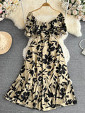 DAIIIBABYYY  -  Summer Women Square Collar Printed Midi Dress Elegant Short Puff Sleeve High Waist Ruffle Hem A-Line Vacation Beach Vestidos New