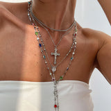 Daiiibabyyy  Cross Colorful Crystal Necklaces For Women Simple Gold Silver Color Y-Shaped Pendant Necklace Set New Christian Jewelry