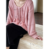 DAIIIBABYYY  -  Braided Lace Up Knitted Sweater Top for Women, Autumn and Winter Hollow Out Lazy Sweet Style Loose Sweater