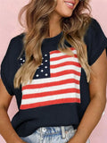 Daiiibabyyy  European Style Star Stripe Flag Pattern Knit T Shirt Women Loose Round Neck Cap Sleeve Short Sleeve Fashion Casual Tops