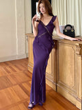 Daiiibabyyy  Lace Hollow Out Sexy Long Dress Women Summer V Neck Patchwork Ruffles Dress Asymmetry Backless Solid Slim Fit New Camisole Dress