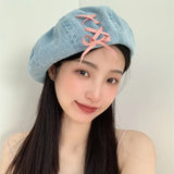 Daiiibabyyy Denim Bow Knot Sweet Summer Spring Berets Ladies Women Girls Fashion Trendy Outdoor Street Cap