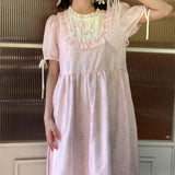 DAIIIBABYYY  -  Korean Commute Summer New Women's Patchwork Folds Ruffles Printed Crew Neck Bow Drawstring Short Sleeve Loose Sweet A-line Dress