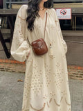 Daiiibabyyy Hollow Out Loose Dress Women Elegant Summer Midi Dress   Chic Korean Style Fashion Dresses Long-sleeve Vestido Mujer