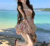 Daiiibabyyy  Vacation Style Floral Oil Painting Mini Slip Dress Female Clothing Hotsweet Summer Fashionable Lace Drawstring Ball Gown Dresses