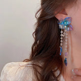 New Korean Elegant Blue Purple Flower Long Tassel Drop Earrings For Women Girls Sweet Butterfly Pendientes Jewelry