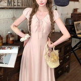 Daiiibabyyy  Women's Clothing French Style V-Neck Long Dress Stylish Drawstring Bow Summer Short Sleeve Vintage Elegant A-Line Waist Dresses