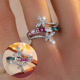 Daiiibabyyy  Small Square Stone Rainbow Zircon Double Butterfly Rings For Women Gold Silver Color Wedding Bands Engagement Party Jewelry Gift