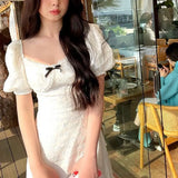 Daiiibabyyy  Aura French Style Square Collar Bow Midi Dress Summer Puff Sleeve Women's Clothing Stylish Jacquard Weave A-Line Lace Dresses
