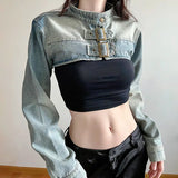 DAIIIBABYYY  -  Y2K Cropped Denim Jacket Women Vintage 90S Sexy Long Sleeve Jeans Coats Summer Gyaru Harajuku Streetwear Design Outerwears