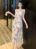 DAIIIBABYYY  -  New Print Mesh Sling Long Dress Summer Elegant Beach Style Holiday Dress Women Korean Fashion Bodycon Ruffled Mermaid Dress