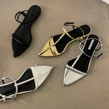 Daiiibabyyy 2024 New Brand Gold Women Sandal Fashion Narrow Band Flat Heel Ladies Gladiator Shoes Pointed Toe Ankle Buckle Zapatos Muje