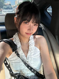 DAIIIBABYYY  -  Y2k Aesthetic Halter Sexy Ruffled Tanks Women Harajuku Solid Single Breasted Camisole Streetwear Summer Vintage Cropped Tank Top
