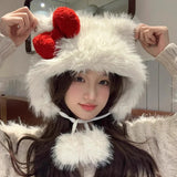 Daiiibabyyy  New Christmas Sweet Cute Ear Protection Hats Autumn Winter White Plush Red Bow Cat Hat Outdoor WindProof Cap Festival Gifts