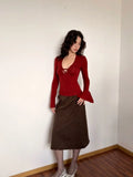 Daiiibabyyy  Retro Spicy Girl Style Niche Instagram High End Lace Patchwork Design Sexy Twisted Hollow Out V-neck Base Shirt
