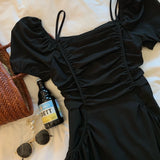 DAIIIBABYYY  -  Korean Summer Square Collar Pocket Design Bubble Sleeve Dress For Women French Minimalist Style Slash Neck Sling Length Dresses