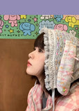Daiiibabyyy  Niche Color Dot Knitted Rabbit Ear Bow Strap Hat Women's Summer Y2k Lace Headscarf Hat Headband