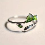 Daiiibabyyy  Green Enamel Leaf Ring Adjustable Oil Drop Open Ring Women's Ring for Ladies Personality Daily Holiday Party Jewelry Accessories