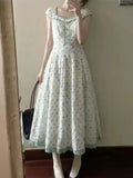 Daiiibabyyy  New French Vintage Fashion Green Sweet Dresses Women Chic Elegant Slim Summer Dress Harajuku Fashion Print Retro Lovely Outfits
