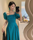 DAIIIBABYYY  -  Korean Summer Square Collar Pocket Design Bubble Sleeve Dress For Women French Minimalist Style Slash Neck Sling Length Dresses