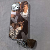 Daiiibabyyy  Whirlpool Pattern IND Irregular Brown Love Phone Case with Love Pendant for iPhone 11 12 13 14 15 16 17 Pro Max