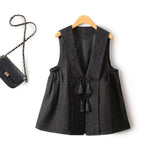 DAIIIBABYYY  -  Spring Autumn New Chinese Style V-neck Jacquard Vest Jackets Women's Retro High-end Buckle Side Pleated Loose Casual Waistcoat