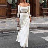 DAIIIBABYYY  -  Elegant Slash Neck Side Split Robe Dresses Spring Long Sleeve Pleated High Waist Dress Lady Sexy Off Shoulder Slim Evening Dress