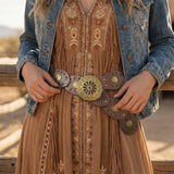 Daiiibabyyy  Metal Western Style Cowboy Belts Round Wide Hollow Out Belts Exaggerated PU Leather Ethnic Style Waistband Waist Accessories