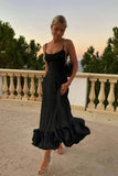 Daiiibabyyy Summer Women's Dress One Word Neck Strapless Sleeveless Dress Black Sexy Slim Backless Black Ruffle Dress