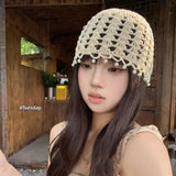 Daiiibabyyy  Casual Sweet Crochet Hollow Knitted Hat Beads Tassels Bohemian Style Knit Beanies Korean Handmade Weave Cap Outdoor