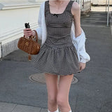Daiiibabyyy  Women Plaid Printed Square Collar Sleeveless High Waisted Bow Patchwork Backless Simple Style Cute Sling Pleated Tank Dress