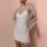 Daiiibabyyy Sexy See-through Mesh Beaded Elegant Dress Ladies Sling Mini Dress With Long Sleeve Pullover Women Fashion Solid 2pc Party Dress